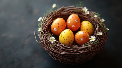 Easter basket with handmade colored eggs and flowers for festive decoration and holiday celebration