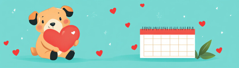 Fototapeta premium Happy Dog Holding Heart, Valentine's Day Calendar, Cute Cartoon, Pastel Background