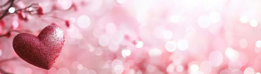 Obraz premium Glittery Pink Heart Hanging on Branch, Valentines Day Romantic Background, Copy Space