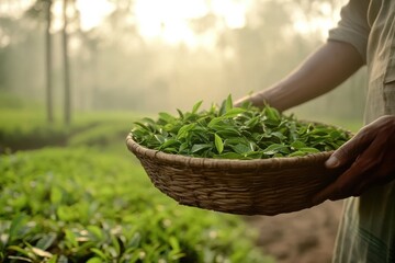 Indian farmer carrying a basket filled with freshly plucked tea leaves in a lush tea plantation during soft morning light, showcasing rural agriculture beauty