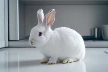 Obraz premium Cute White Rabbit Sitting on a Kitchen Counter in a Bright and Modern Interior Setting, Showcasing Its Fluffy Coat and Playful Nature in Natural Light