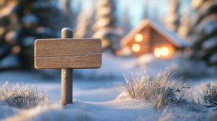 Blank wooden signpost in snowy forest with cabin.
