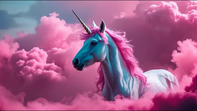 Close up portrait of beautiful white unicorn in pink mist. Beautiful gentle magical animal. Outdoor fantasy scene, majestic appearance. Bright footage, 4k