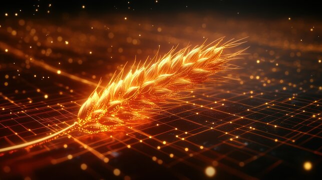 Glowing wheat stalk on digital grid.
