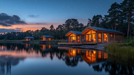 Fototapeta premium Serene Lakeside Cabins at Twilight Tranquil Wooden Cottages Starry Night Peaceful Reflection