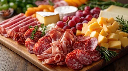 Charcuterie board, close-up of various cheeses, meats, and fruits arranged beautifully on a wooden board