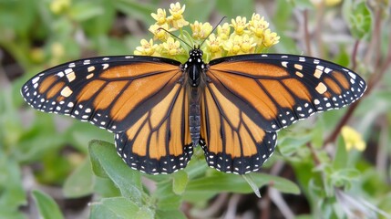 Fototapeta premium Majestic Monarch Butterfly on Yellow Flowers Closeup View of Insect Wings