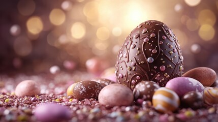 Obraz premium Luxurious chocolate easter egg with decorative candy in festive setting