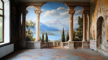 Scenic landscape mural in elegant historic room with column view