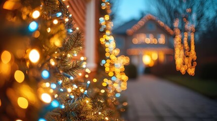 Christmas lights on house, close-up of twinkling lights decorating the home, festive atmosphere