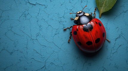 Ladybug on Textured Blue Surface with Leaf - Nature Close-Up Photography