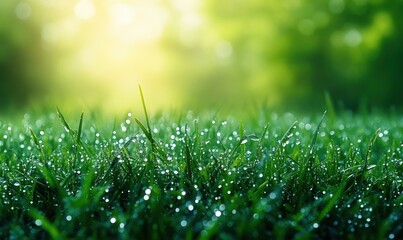Obraz premium Dew-kissed grass, sunlit, lush green.