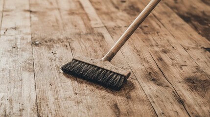 Close-up of a broom sweeping a rustic wooden floor.