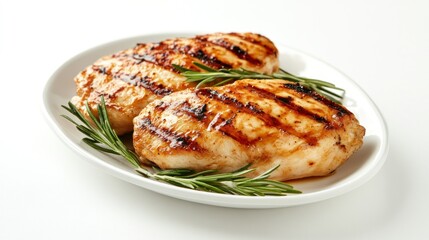 Two grilled chicken breasts with rosemary on a white plate.
