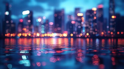 Obraz premium City skyline at night, close-up of city lights reflecting on water, soft glow from skyscrapers
