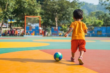 Joyful Child Engages in Play with Colorful Ball on Vibrant Sports Court Under Bright Midday Sunlight Surrounded by Nature and Colorful Background