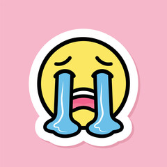 loudly crying face emoji sticker, cute sticker with tears streaming down on pink background, vector design element