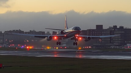 Airplane Landing at Sunset on Runway Near Cityscape for Travel Themes