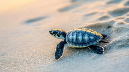 Baby sea turtle crawling on sandy beach at sunset.
