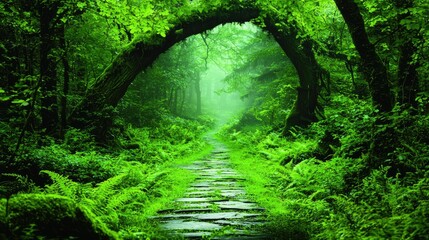 Obraz premium Misty forest path, lush green foliage, stone walkway, tranquil background, nature scene