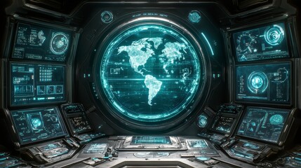 Futuristic Control Room Interface with Global Map Display and Sci Fi Technology