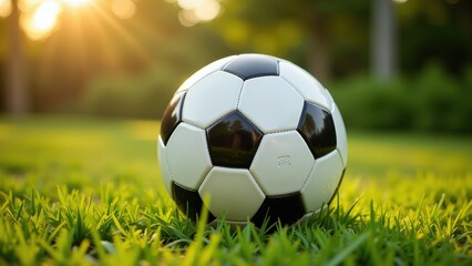 Fototapeta premium A pristine white-and-black soccer ball sits atop verdant green turf. Its design invites motion, as it subtly faces left within a sunlit field