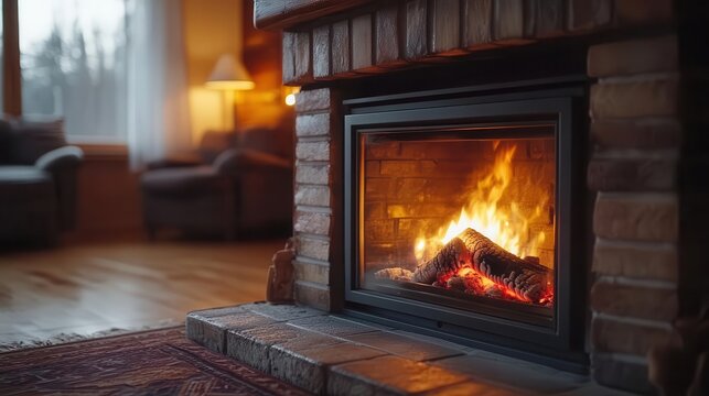Cozy fireplace, close-up of crackling fire, soft glow and warm tones in the room