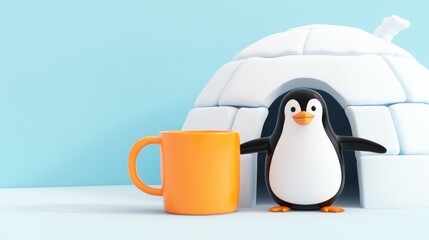 Fototapeta premium Cute penguin standing outside an igloo with an orange mug in a playful winter setting