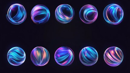 Ten iridescent orbs with swirling neon light trails on a black background.