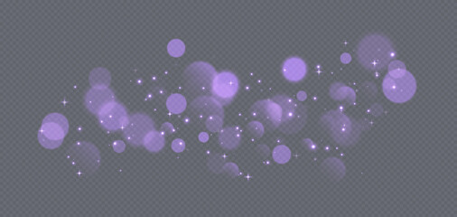 Purple bokeh with stars and sparkles, shiny overlay decoration isolated on grey background. Vector illustration. © Likanaris