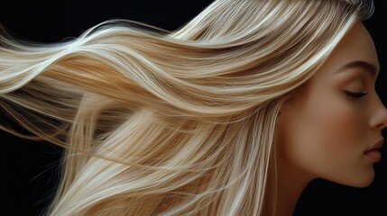 Naklejka premium Blonde woman, flowing hair, dark background, beauty shot, hair product ad