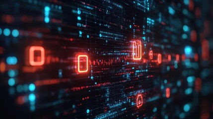 Fototapeta premium Cybersecurity software, close-up of encrypted data on screen, security lock icons