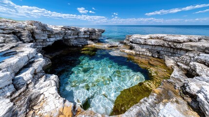 Crystal-clear lagoon, rocky coast, Aegean Sea, sunny day, travel destination