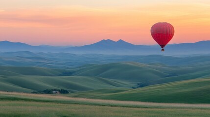 Fototapeta premium Serene Sunrise Hot Air Balloon Flight Over Rolling Green Hills and Mountains