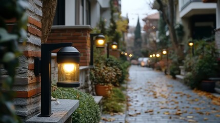 Fototapeta premium Illuminated Pathway Exterior Wall Mounted Lamps Lighting Up a Cobblestone Street