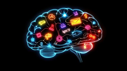 Illuminated brain with glowing app icons.