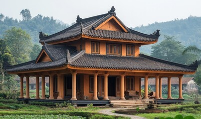 Obraz premium Ornate Asian temple, tiered roof, serene setting.