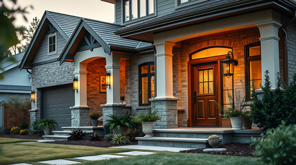 Fototapeta premium Luxury Home Exterior at Night: Modern Brick and Stone Architecture, Landscaping, and Elegant Entrance Design