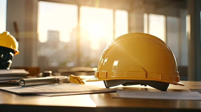 Close-up of a construction helmet placed on a table with civil engineering tools and project documents scattered around