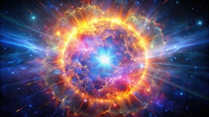 A breathtaking supernova explosion in a distant galaxy with vibrant colors and intense radiation, astrophysical phenomenon, cosmic flare, starburst, astronomical event, neutron star merger