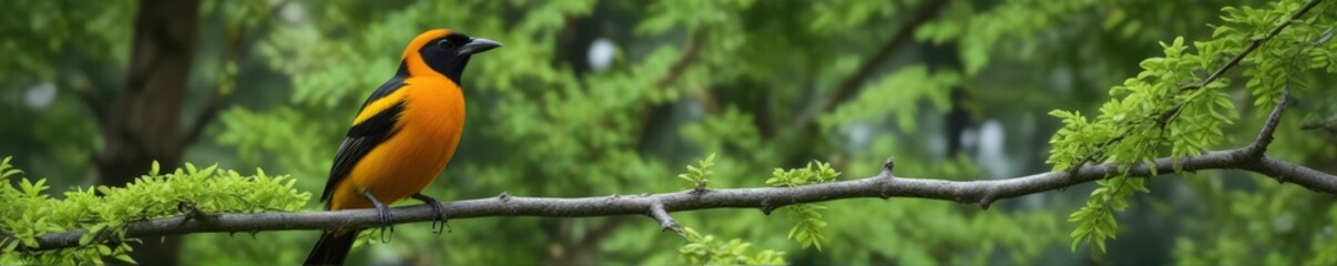 Fototapeta premium A brightly colored Bullocks Oriole perched on a thin branch, with lush green foliage surrounding it, forest, southeastern idaho landscape, wildlife