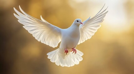 Majestic White Dove in Flight Wings Spread Wide Peaceful Bird Soft Golden Background