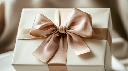 Elegant Gift Box with Beige Satin Ribbon Bow Close Up View Luxury Present