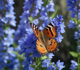 Obraz premium A butterfly with pollen on its body sipping nectar from a blue delphinium, spring flowers, pollinated plants, nature