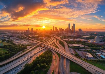 Fototapeta premium Aerial view of a drone photograph, a beautiful sunset over the city skyline with multiple highway interchanges.