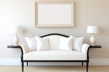 Beige fluffy sofa with white pillows against a wall mock up, black wooden console table, and a carpet in a modern home entryway interior design.