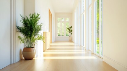 Fototapeta premium Bright and airy hallway with wooden floors, minimalist decor, and large windows letting in sunlight