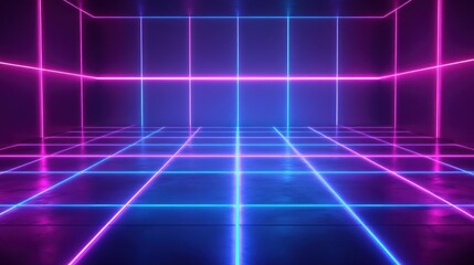 Abstract neon grid in dark room.
