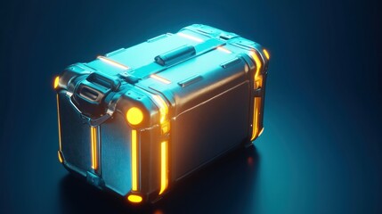 Futuristic metallic container with glowing accents on dark background.