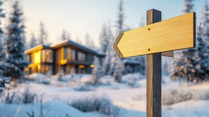 Wooden signpost pointing towards a modern house in a snowy winter landscape.